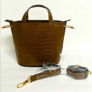 Zara caramel color mock crock bucket bag with cross body strap.